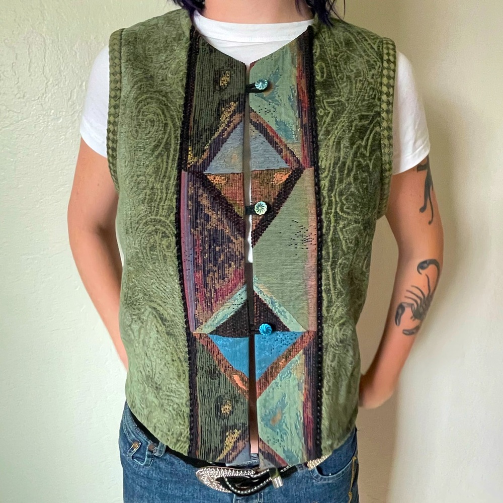 Unique and handmade green and multi-coloured patchwork vest